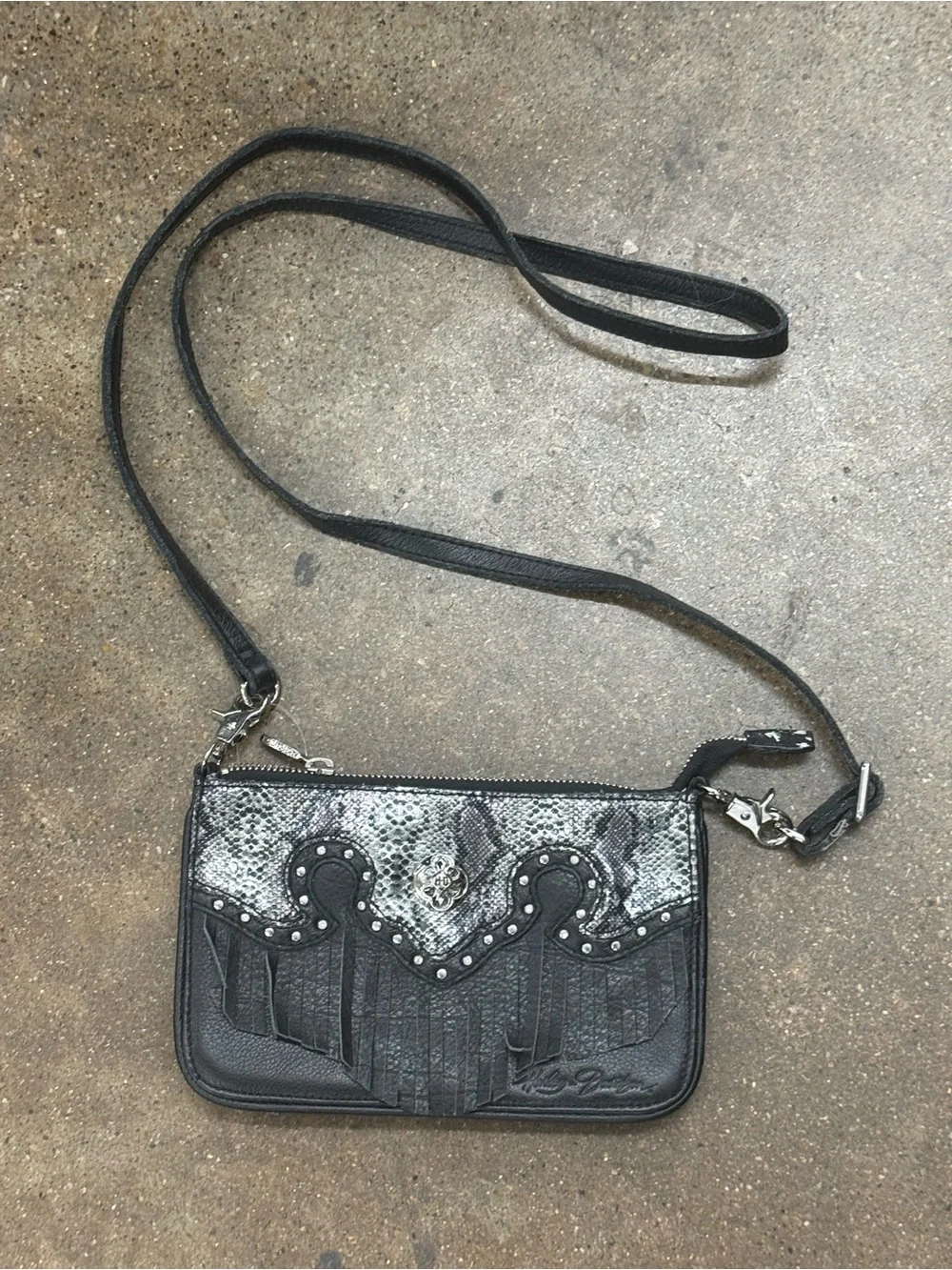 Harley Davidson Black Crossbody Bag with Silver Snake-Effect Panel